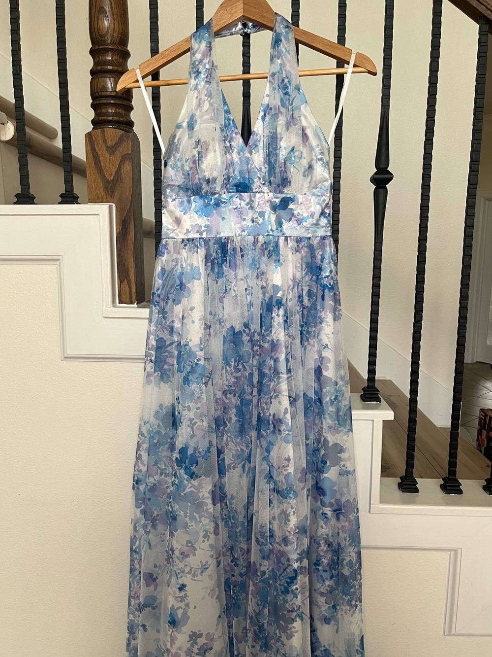 BCX Blue and White Floral Sparkly Halter Maxi Dress Tulle Fairycore Homecoming